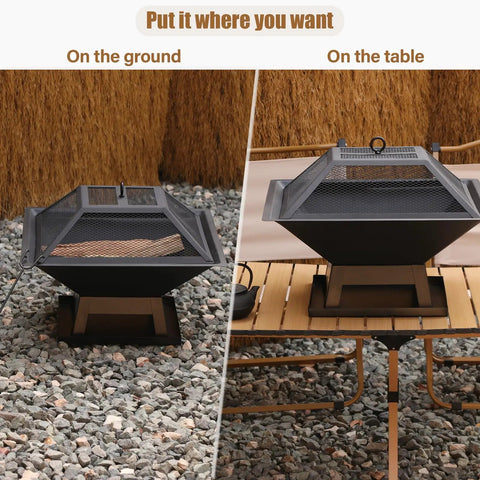 Compact 19.8 Inch Square Fire Pit With Removable Ash Pan And Mesh Lid on ground and table, outdoor fireplace