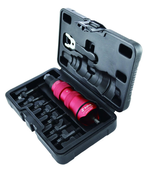 Rivet Nut Drill Adapter Kit Three Eighths Inch Capacity with case showing mandrels and wrench, for Aluminum Steel and Stainless.