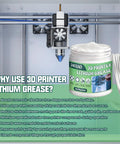 Close-up of 3D printer with a jar of Jaojao 3D Printer Lubricant Grease 100g and benefits listed for axes and gears maintenance.