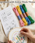 Hands holding embroidery hoop with design, colored threads, pattern sheet; 2026 Upgraded Removable Stitch Book Kit With Extra Thick Threads