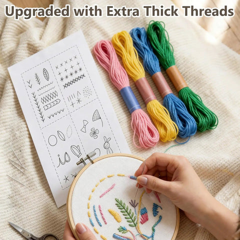 Hands holding embroidery hoop with design, colored threads, pattern sheet; 2026 Upgraded Removable Stitch Book Kit With Extra Thick Threads