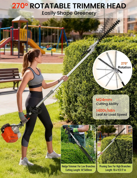 Woman using Beast 5-In-1 Gas Powered Yard Tool With 52cc 2-Stroke Engine rotating trimmer head on hedges in a park