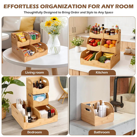 Three Tier Bamboo Pantry Organizer With Ventilated Design And Handy Handles for fruits, vegetables, snacks, spices in living room, kitchen, bedroom, and bathroom.
