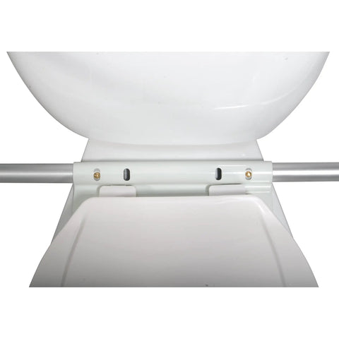 Close-up of Toilet Safety Frame with Adjustable Legs and Arm Rail for Elderly Care showing bracket attachment on toilet.