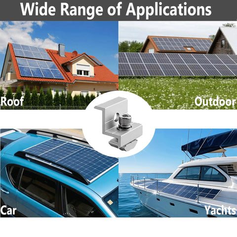 Heavy Duty 10 Pack Solar Panel End Clamps For 30 mm And 35 mm Pv Modules showcased on roofs, cars, and yachts for outdoor use.