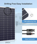 2 Pack 200W Flexible Mono Solar Panel Set With ETFE Coating IP68 Waterproof showing dimensions, mounting holes, and connectors