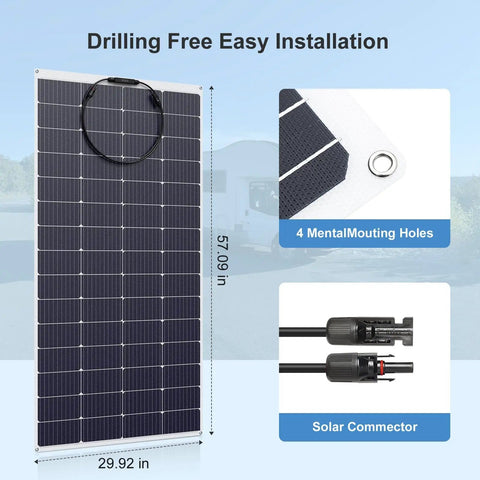2 Pack 200W Flexible Mono Solar Panel Set With ETFE Coating IP68 Waterproof showing dimensions, mounting holes, and connectors