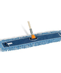 Heavy Duty Loop End Cotton Dust Mop Head 36 Inches Wide Blue Commercial Floor Sweeper on a mop handle for cleaning.