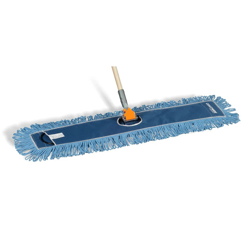 Heavy Duty Loop End Cotton Dust Mop Head 36 Inches Wide Blue Commercial Floor Sweeper on a mop handle for cleaning.