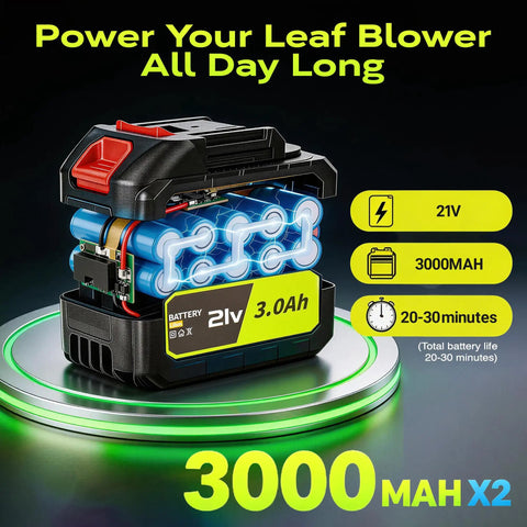 21V 3.0Ah battery for Ultra Lightweight Cordless Leaf Blower With Turbo Boost Up To 10,000 RPM, 2x3.0Ah capacity, charging display