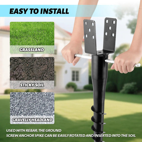 No Dig Ground Screw Anchor For 4x4 Wood Posts, U Shaped Post Stake with 27 Inch Rebar being installed on different soil types
