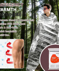 Person using emergency blanket in forest, showing package. "EMERGENCY WARMTH" text, insulation, prevents shock. Space blanket.