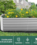 Side view of Two Pack 8x4x2ft Galvanized Raised Garden Bed Kit For Outdoor Veggie Growing with plants, silver metal, backyard setup