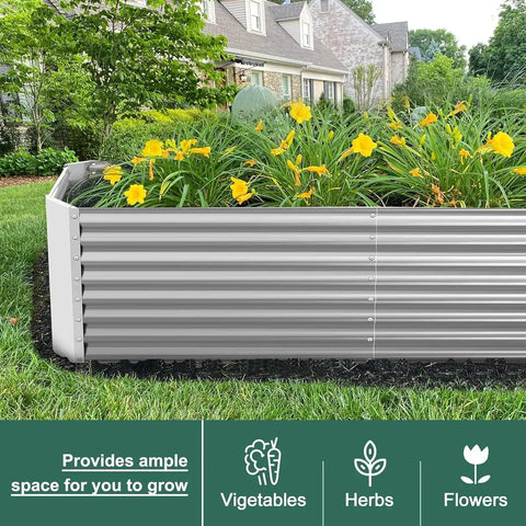 Side view of Two Pack 8x4x2ft Galvanized Raised Garden Bed Kit For Outdoor Veggie Growing with plants, silver metal, backyard setup