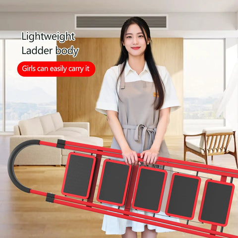5 Step Folding Ladder For Home And Garage Portable Anti Slip Multi Use Step Stool For Kitchen Office And More Ultra Compact Easy To Store Sturdy Durable Construction Built To Last, woman holding folded red 5-step alloy steel ladder