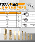 All In One Brass Hose Barb Fittings Kit With 48 Pieces And 96 Stainless Steel Hose Clamps For Air Fuel Water Oil Hoses, Includes Sizes From 1/8 Inch To 3/4 Inch product layout image showing size chart and fittings.
