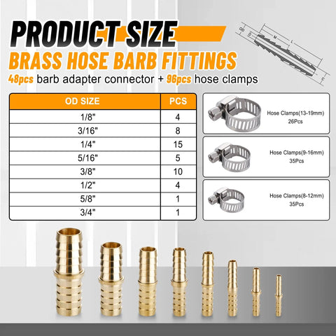 All In One Brass Hose Barb Fittings Kit With 48 Pieces And 96 Stainless Steel Hose Clamps For Air Fuel Water Oil Hoses, Includes Sizes From 1/8 Inch To 3/4 Inch product layout image showing size chart and fittings.