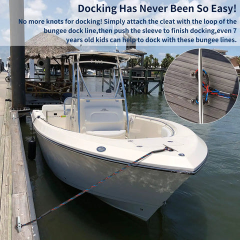 Badass Boat Bungee Dock Lines For Quick Mooring And Wave Blocking Must Have Watercraft Accessories For Pontoon And Bass Boats Plus Jet Skis Five Foot Elastic Mooring Ropes That Lock Solid Anytime A Sweet Gift For Fellas Out On The Water, boat docked with bungee lines attached.