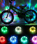 Rechargeable Bike Wheel Lights A16 Lit Seven Color LED Spoke Lights illuminating bicycle in vivid patterns, night riding display