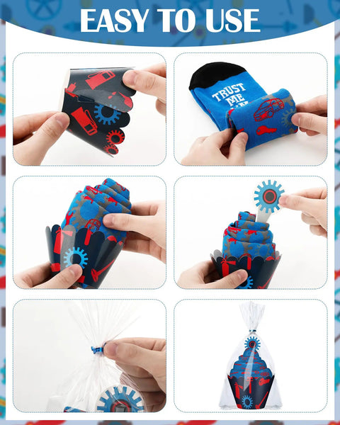Hands showcasing Twelve Pairs Men's Mechanic Socks Gift Set With Dope Cupcake And Gear Patterns, easy packaging process.