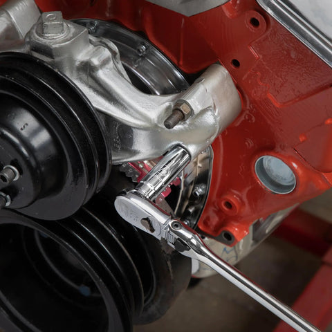 Eleven Piece Deep Socket Set For Three Eighths Inch Drive, Twelve Point SAE Sockets With Chamfered Opening In Use On Engine