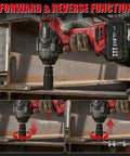 21 Volt Cordless Half Inch Drive Impact Wrench with Brushless Motor showing forward and reverse functions on metal beams