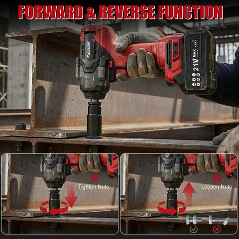 21 Volt Cordless Half Inch Drive Impact Wrench with Brushless Motor showing forward and reverse functions on metal beams