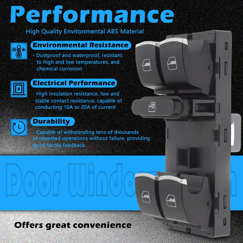 Driver Front Left Power Window Switch Replacement For Volkswagen Vehicles Fits 2010 To 2018 GTI Jetta Passat CC SportWagen Tiguan Limited Perfect Fitment With Plug And Play Install And Durable OEM Style Build, shown in a side view.