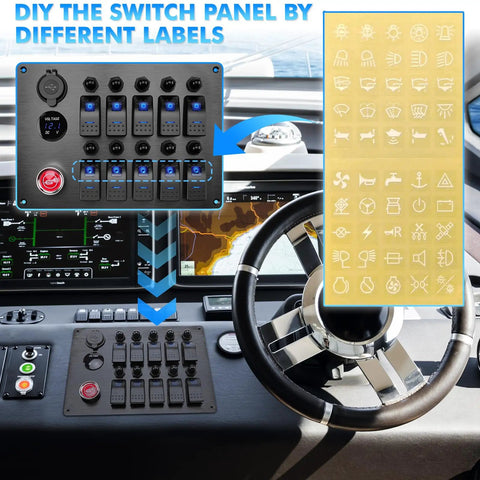 All In One Marine Rocker Switch Panel With LED Circuit Breaker 10 Circuits 12V 24V DC Socket Horn Button Dual USB Charger