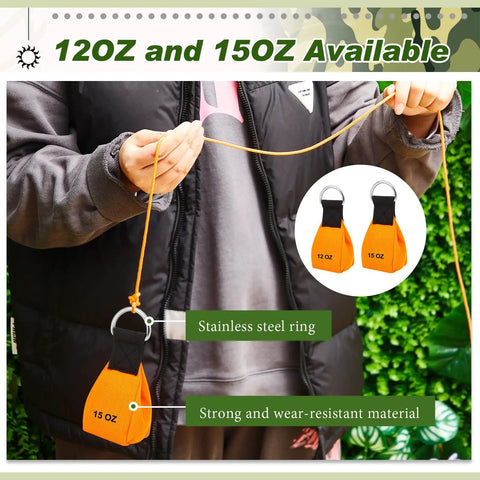 Person holding Arborist Throw Line Kit With 164 Ft Polyester Rope 12 Oz And 15 Oz Throw Weights Storage Bag All In One Tree Climbing Gear