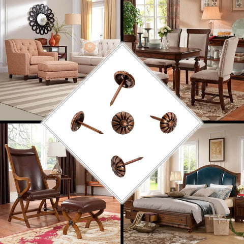 Killer Red Copper Upholstery Tacks With Classic Daisy Pattern For Furniture Restoration 100 Piece Pack displayed in various home settings.