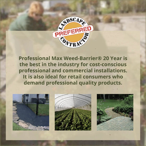 Commercial-Grade Weed Control Fabric 4 Ft By 250 Ft with infographic, garden pathway, and plant bed use examples, text overlay