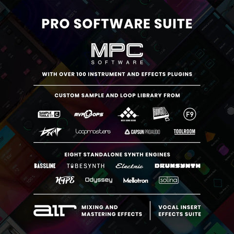 Pro Software Suite interface for MPC Software integration with 100 plugins, synth engines, and custom samples visualization.