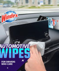 Auto Wipes For Cars And Screens Quick Streak Free Shine Ammonia Free Cleaner Wipes used on car dashboard display