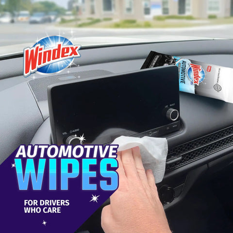 Auto Wipes For Cars And Screens Quick Streak Free Shine Ammonia Free Cleaner Wipes used on car dashboard display