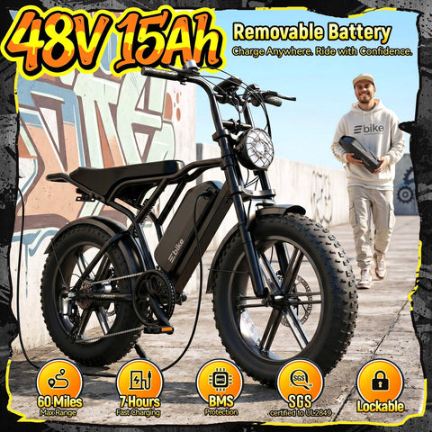 All Terrain Beast Electric Fat Bike with 1500W Peak Motor Dual Suspension and 20X4 Fat Tires Removable 48V 15Ah Battery