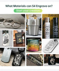 Various engraved items including rings, bottle, flasks, tags, and cups showcasing laser marking capabilities.