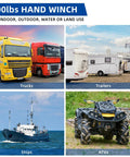 Collage of trucks, trailers, ship, ATV showcasing use of Beefy Heavy Duty Hand Winch 600 Lbs Gear Winch for various vehicles