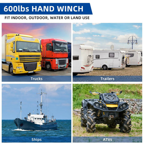 Collage of trucks, trailers, ship, ATV showcasing use of Beefy Heavy Duty Hand Winch 600 Lbs Gear Winch for various vehicles