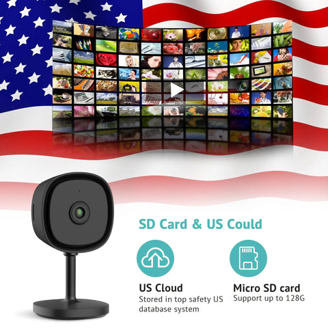 2K Indoor Home Security Camera With Crystal Clear Night Vision, 24/7 Live Video, Motion Alerts, Two Way Talk image with US cloud storage.