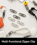 Anti Theft Zipper Clips With Double Opening Carabiner Set displayed with various accessories, Space Gray finish, 4 Pack Zinc Alloy
