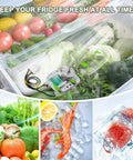 Refrigerator Evaporator Fan Motor Plug And Play Drop In Replacement with wire harness, shown installed with fresh produce in a fridge.