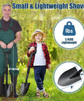 Man and child with Compact 31 Inch Garden Shovel With D Grip Handle For Tight Spaces And Raised Beds, tool details shown