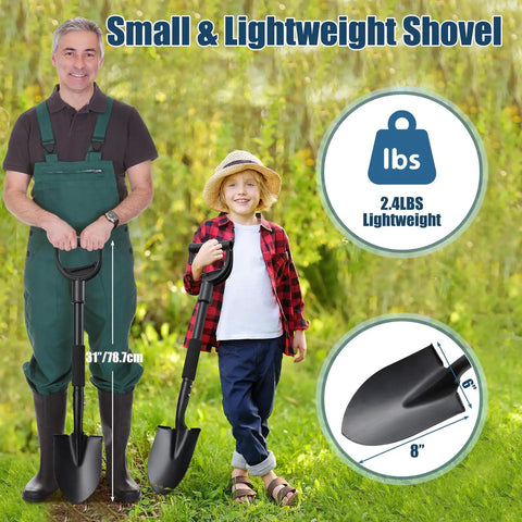 Man and child with Compact 31 Inch Garden Shovel With D Grip Handle For Tight Spaces And Raised Beds, tool details shown