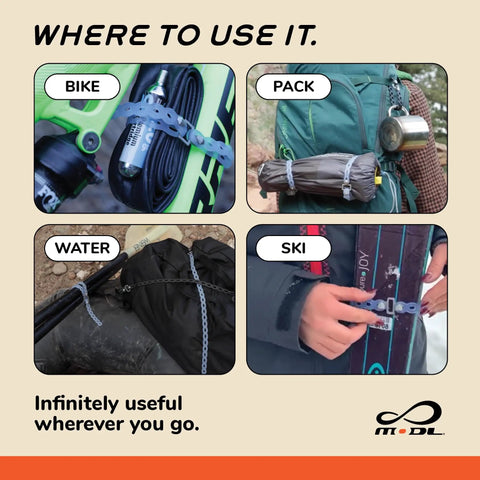 Infinity Tool 2.0 Modular Straps Four Pack Flexible Multi Tool Wearable Gadget used on bike, backpack, water gear, and skis.