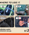 Infinity Tool Two Point Zero Modular Straps securing gear on bike, backpack, watercraft, and skis for outdoor activities.