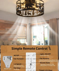 Straight Up Farmhouse Ceiling Fan With Integrated Lights And Remote Control Rustic Black Caged Fandelier with remote in cozy living space.