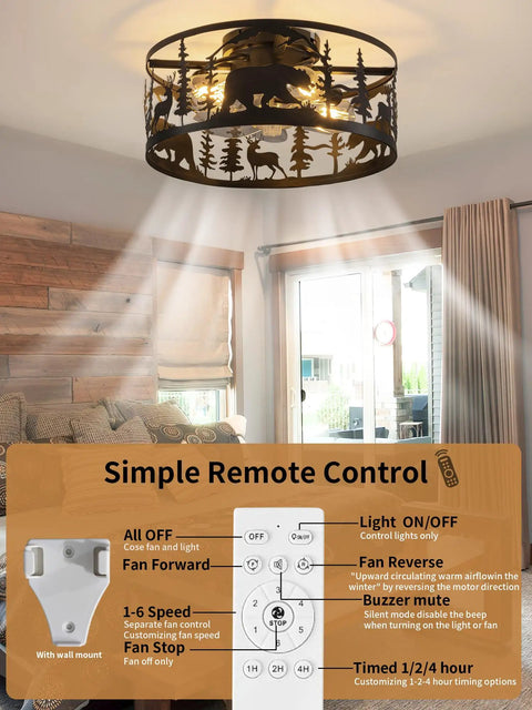 Straight Up Farmhouse Ceiling Fan With Integrated Lights And Remote Control Rustic Black Caged Fandelier with remote in cozy living space.