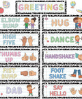 15 Piece Classroom Rules Posters And Greeting Cards Set For Back To School Decor showing greeting options like hugs and high fives