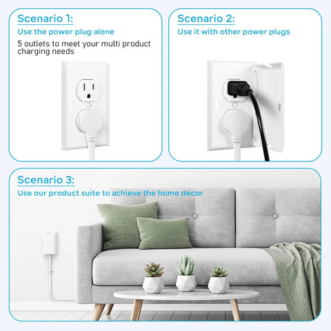 Slim Outlet Concealer With Three Foot Power Strip Extension Cord And Five AC Outlets 1875W for tidy home setup scenarios